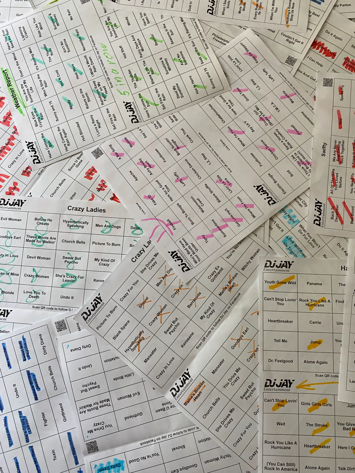 Printed Hit-List Bingo music bingo cards prepared for several themed rounds