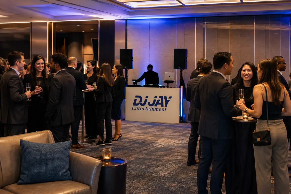 Professionals socializing at a corporate event with a DJ booth