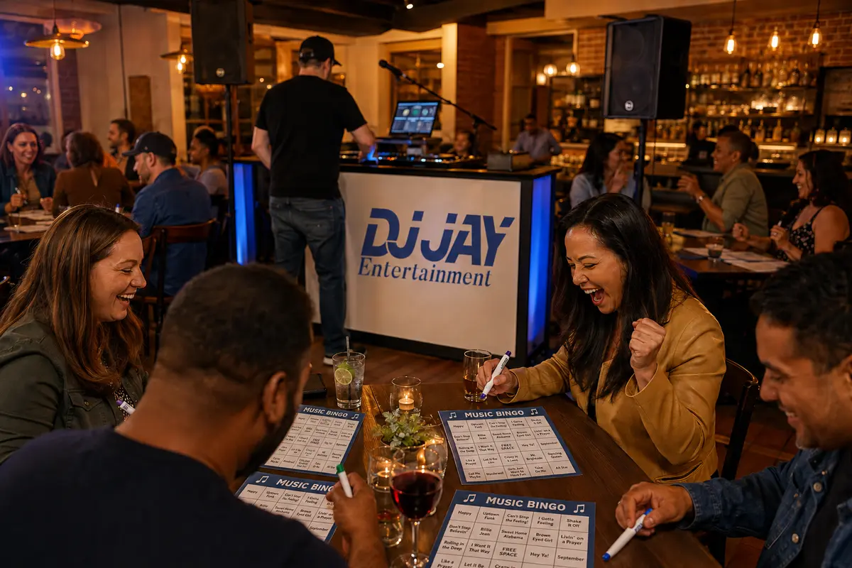 Guests enjoying music bingo at a restaurant with a professional DJ booth