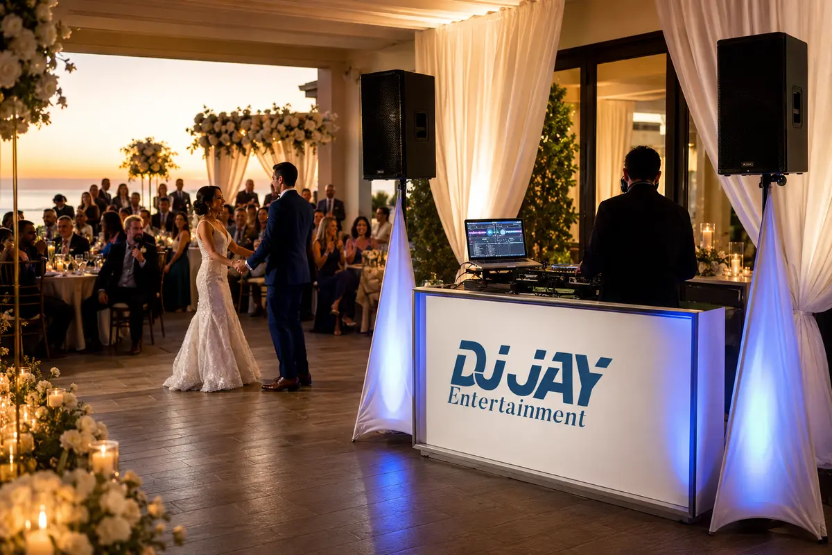 Wedding reception with a professional DJ setup and guests celebrating